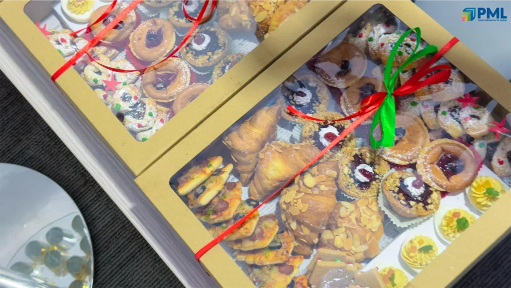 Christmas sweets neatly packed in festive gift boxes